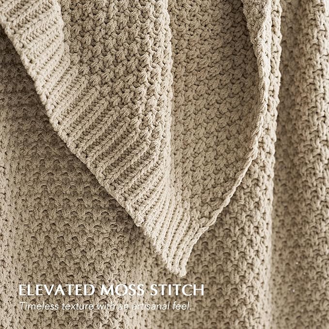EVERGRACEHOME Chunky Chenille Knit Throw Blanket for Couch, Soft Luxurious Oversized Queen Moss Stitch Blanket for Bed, Cozy Farmhouse Knitted Throw for Sofa, Sand Dune, 90" x 90"
