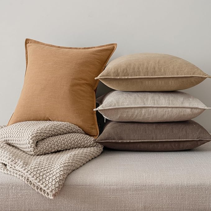 MIULEE Neutral Brown Linen Pillow Covers Pack of 4 Decorative Natural Fall Throw Pillow Covers Soft Accent Boho Farmhouse Couch Pillowcases Modern Spring Decor for Living Room Bed Sofa 20x20 Inch