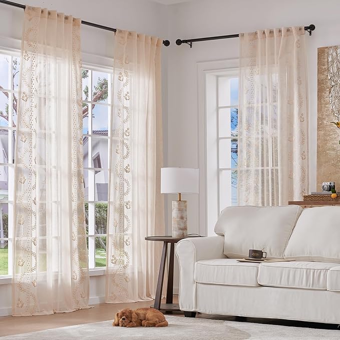 jinchan Belrose Linen Sheer Curtains for Living Room 63 Inch Length Sheer Voile Embroidered Floral Curtains for Bedroom Light Filtering Rod Pocket Window Treatments Farmhouse Decor 2 Panels Beige