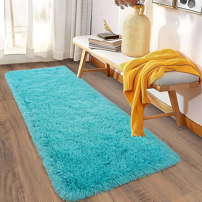 Soft Runner Rugs for Bedroom Hallways, 2x6 Teal Blue Fluffy Shag Throw Area Rug Non Slip for Bedside Dorm, Long Shaggy Furry Carpet for Nursery Living Room