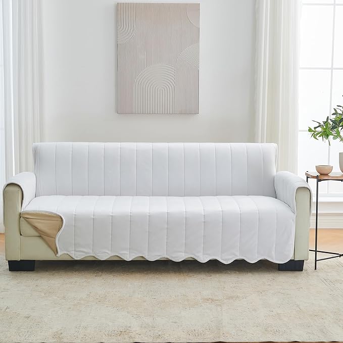 Great Bay Home Velvet Sofa Cover - Washable Slipcover Furniture Protector with Elastic Straps - Furniture Cover for Dogs, Kids, and Pets - Stitched Detail (White)