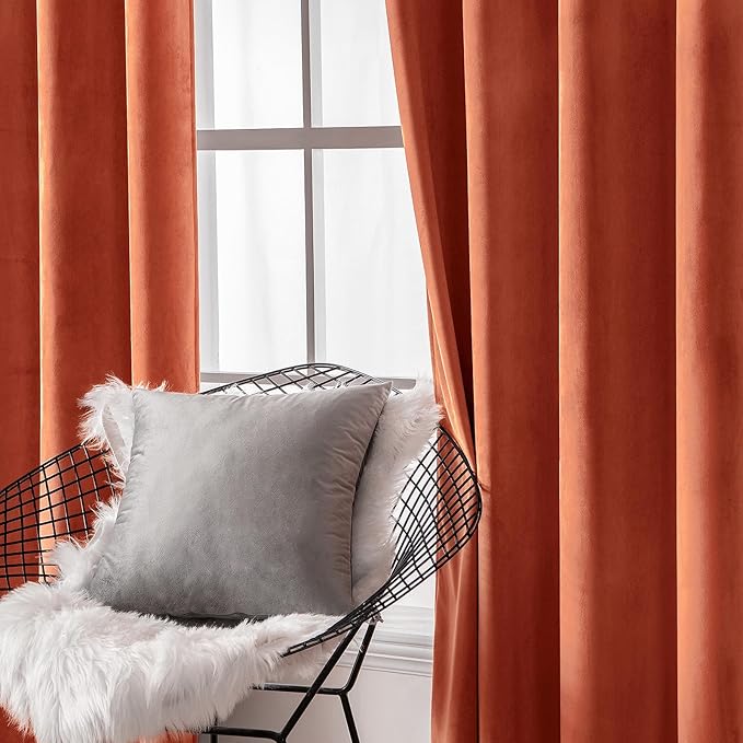MIULEE 96 Inch Length Velvet Curtains for Fall Elegant Long Grommet Burnt Orange Thermal Insulated Soundproof Room Darkening Rust Terracotta Black Out Drapes for Living Room Bedroom Decor Set of 2