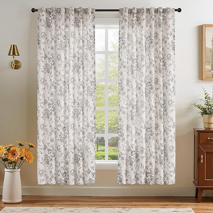 jinchan Linen Blend Curtain Floral Curtains for Living Room 72 Inch Length Black Printed Curtain Rod Pocket Back Tab Farmhouse Peony Flower Patterned Drapes Bedroom Window Curtains Set 2 Panels