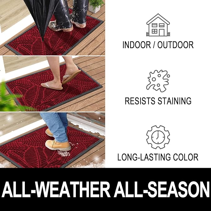 Colorxy Waterproof Doormat, Sturdy Natural Rubber Front Indoor Mat, Non Slip Low Profile Indoor Outdoor Door Mats, Stain and Fade Resistant Floor Mats, Easy Clean Patio Entry Mat, 59''x36'', Burgundy