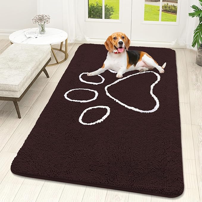 OLANLY Dog Door Mat for Muddy Paws 59x32, Paw Print Design, Absorbs Moisture and Dirt, Absorbent Non-Slip Washable Doormat, Quick Dry Chenille Mud Mat for Dogs, Entry Indoor Entryway Carpet, Brown