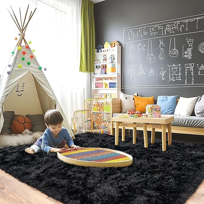 Pionblank 8x10 Rug for Living Room, Fuzzy Plush Large Area Rug, Fluffy Modern Shag Non Slip Soft Furry Carpet for Bedroom Kids Room Nursery Teens Dorm Home Decor, Black