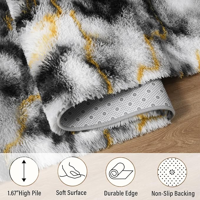 LOCHAS Ultra Soft Indoor Modern Area Rugs Fluffy Living Room Carpets for Children Bedroom Home Decor Nursery Rug 6x9 Feet, Grey-Gold