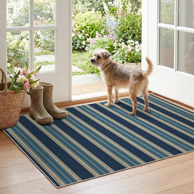 Striped Outdoor Rug - 28" x 43" Front Door Mat Indoor Outside Entrance Non-Slip Washable Outdoor Mat Navy Blue Coastal Rug for Entryway Kitchen Bedroom Welcome Layered Doormat for Front Porch