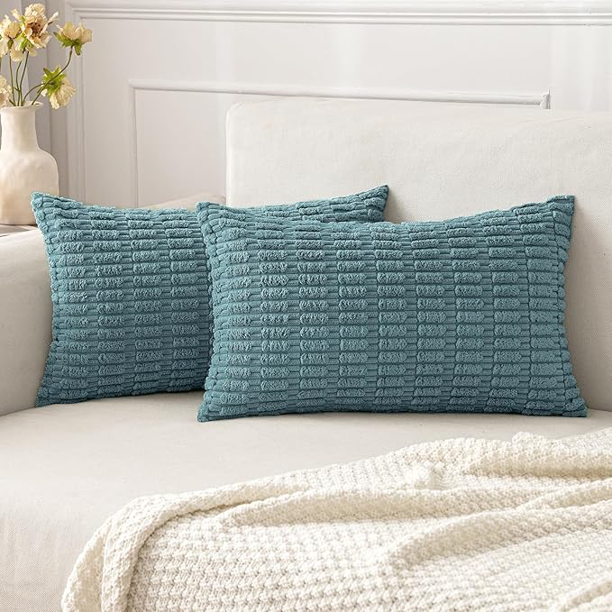 MIULEE Pack of 2 Corduroy Decorative Lumbar Throw Pillow Covers 20x12 Inch Soft Boho Striped Pillow Covers Modern Farmhouse Home Decor for Summer Coastal Sofa Living Room Couch Bed Coastal Blue