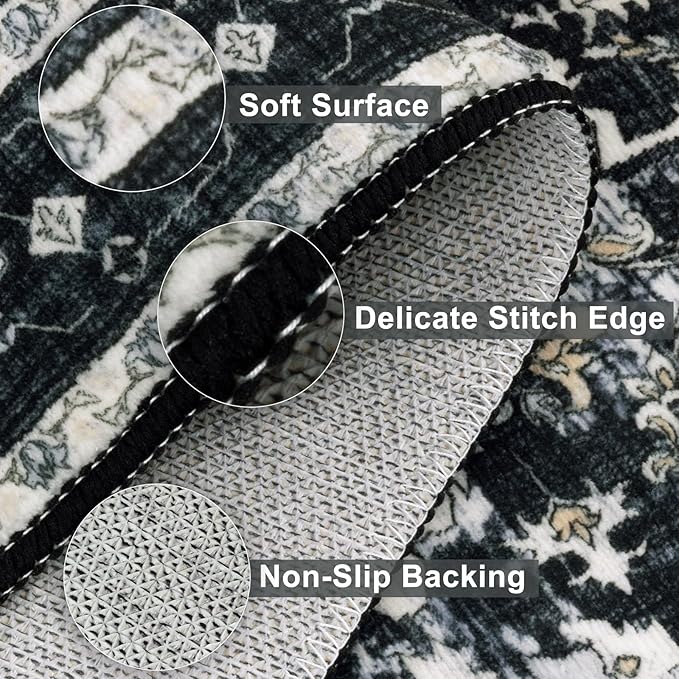 Yamaziot Washable Runner Rug, 2x8 Non-Slip Boho Vintage Hallway Rug Runner with Rubber Backing, Stain Resistant & Low Pile Distressed Carpet Runner for Bedroom, Kitchen, Laundry, Entrance, Black