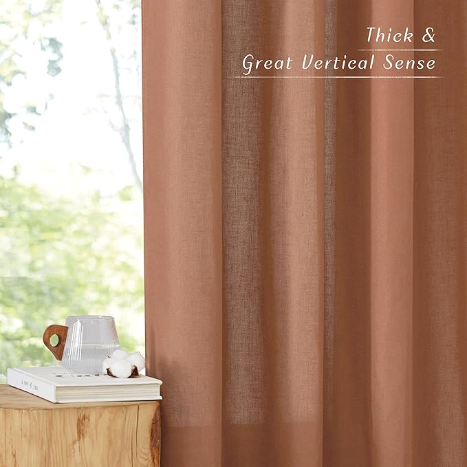NICETOWN Linen Caramel Curtains 96 inches Long for Living Room, Grommet Thick Flax Linen Privacy Added with Light Filtering Window Treatments for Bedroom, W55 x L96, 2 Panels