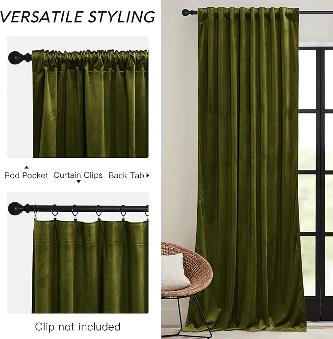 RYB HOME Moss Green Velvet Curtains 84 inches with Hook Belt, Soft Fabric Room Darkening Thermal Insulated Luxurious Home Decor Curtains for Living Room Bedroom, W 42" x L 84", 2 Panels Set