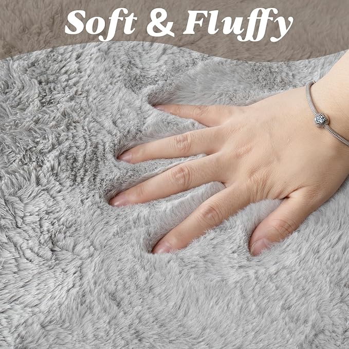 ThreadGlobe Fluffy Faux Rabbit Fur Rug 2'x3', Ultra Soft & Non-Slip Small Rugs for Bedroom, Living Room, Nursery, No Shedding Machine Washable Rug, Grey, 2x3 Ft