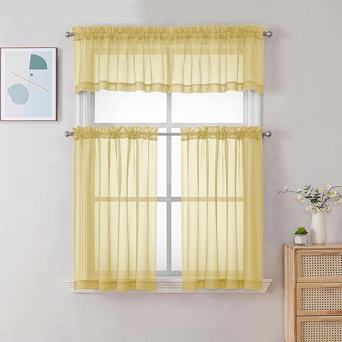 Chyhomenyc Mustard Yellow Short Sheer Curtains 24 inch Length, Light Filtering Half Window Curtians for Kitchen, Elegant Small Curtain for Basement Bathroom Cabinet, 42Wx24L inches, 2 Panels