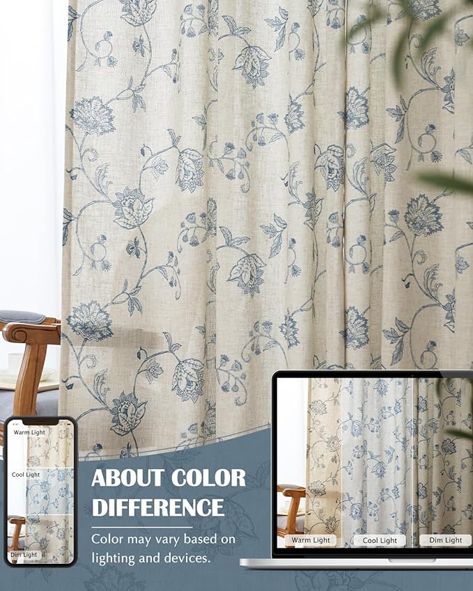 jinchan Linen Curtains Floral Curtain 84 Inch Length for Living Room Bedroom Light Filtering Rod Pocket Back Tab Jacobean Curtains Flax Linen Texture Window Drapes Set 2 Panels Blue on Linen