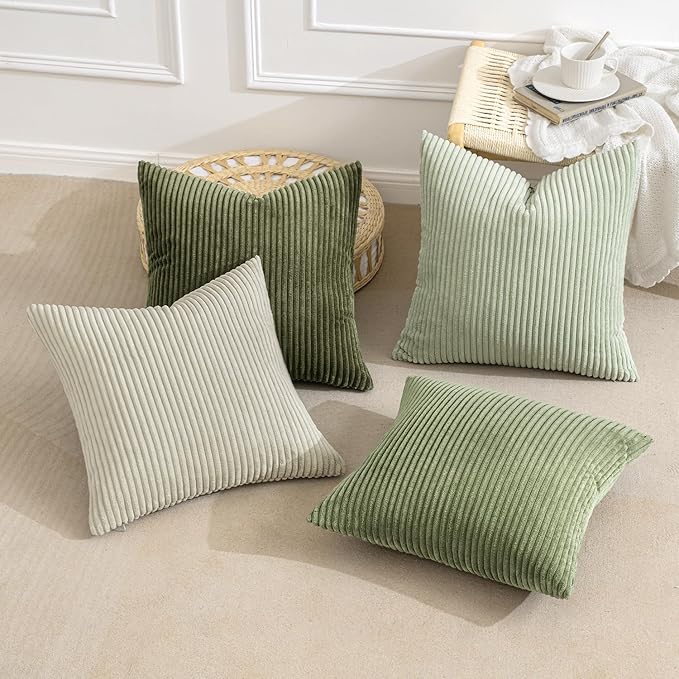 MIULEE Decorative Throw Pillow Covers Set of 4 Summer Light Green Gradient Natural Earthy Modern Classic Soft Corduroy Cushion Covers for Sofa Couch Bed Living Room Spring Home Decor 18x18 Inch