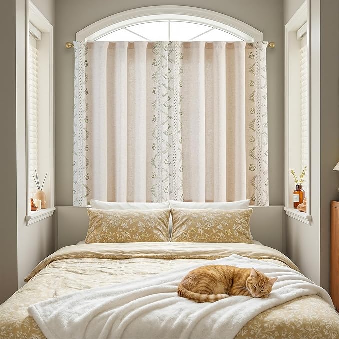 jinchan Belrose Linen Floral Cafe Curtains 54 Inch Length Embroidered Farmhouse Curtains for Kitchen Bedroom Bathroom Small Windows Curtain Set Light Filtering 2 Panels Sage Green