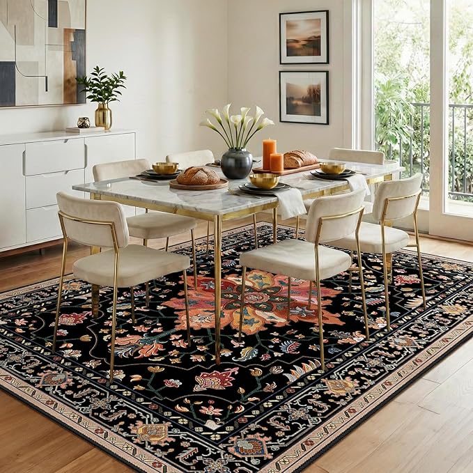 Area Rugs 8'x10' Washable Non-Slip, Floral Vintage Distress Print Pattern Medallion Carpet for Living Room Bedroom Dining Room, Black Colorful Floral Dark Tan