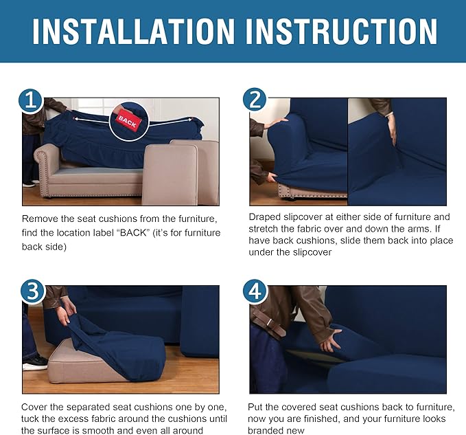 4 Piece Stretch Sofa Covers for 3 Cushion Couch Covers Furniture Slipcovers for Living Room (1 Base Cover Plus 3 Seat Cushion Covers) Thicker Jacquard Fabric Cover (XL Sofa, Navy)