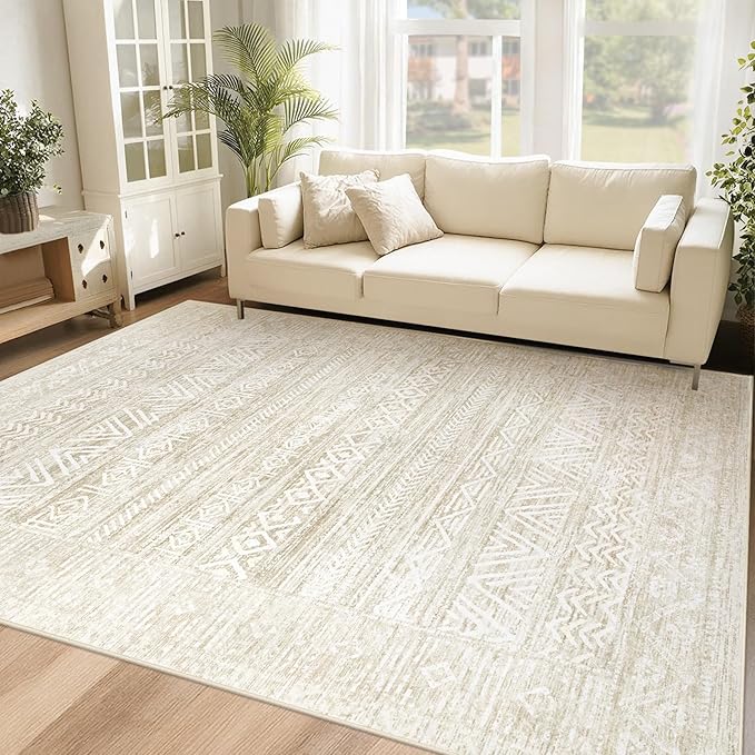 6x9 Area Rugs for Living Room: Washable Moroccan Geometric Boho Rug Farmhouse Non Slip Stain Resistant Large Rug Low Pile Soft Carpet for Bedroom Dining Room Home Office Kids Room (Ivory Beige,6'x9')