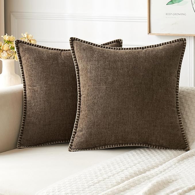MIULEE Pack of 2 Couch Throw Pillow Covers 20x20 Inch Brown Farmhouse Decorative Pillow Covers with Stitched Edge Soft Chenille Solid Dyed Spring Pillow Covers for Sofa Bed Living Room