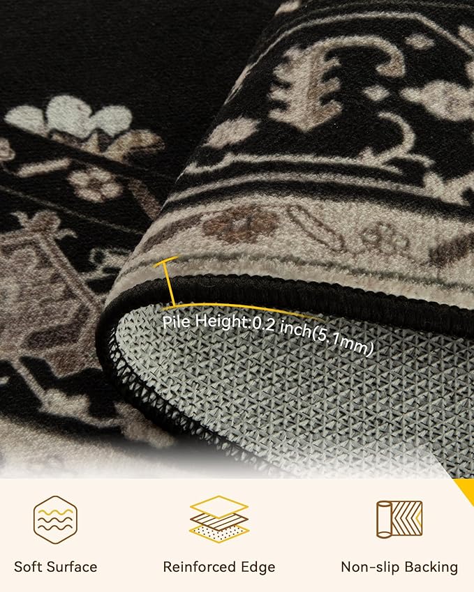 Area Rugs 5ft Washable Non-Slip, Floral Vintage Distress Print Pattern Medallion Carpet for Living Room Bedroom Dining Room, Black Brown Neutral Dark Tan