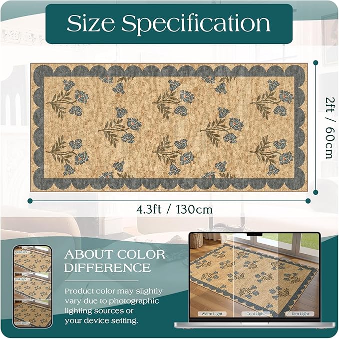Front Door Mat Indoor Entrance - 2x4.3 Ft Blue Floral Washable Layered Doormat Outdoor Entrance Porch Rug Non-Slip Neutral Country Jute-Look Runner Rug for Kitchen Laundry Room Porch Decor