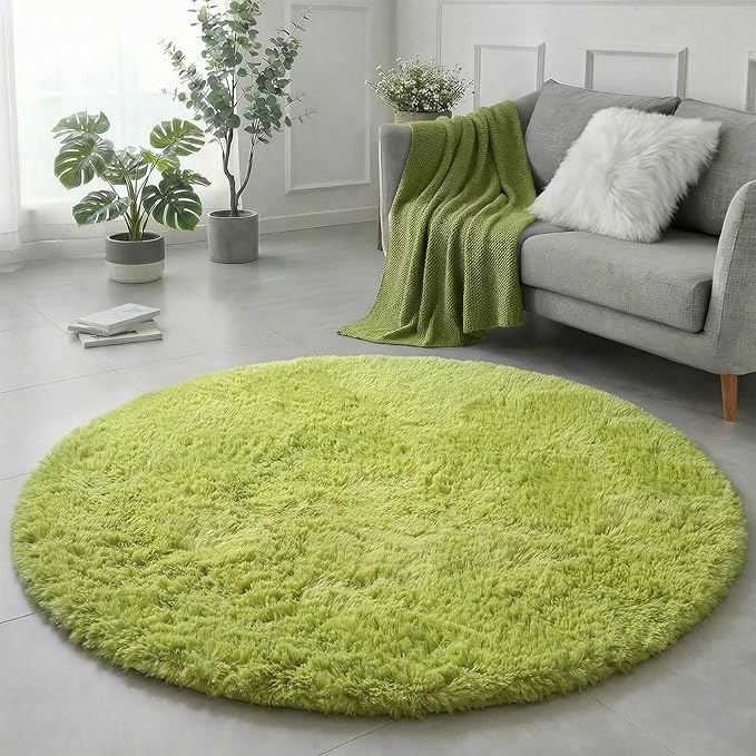 Grass Green Small Round Rug 3Ft for Bedroom, Fluffy Shag Circle Area Rugs for Kids Room Classroom Nursery, Cool Living Room Decor Aesthetic, Cute Fuzzy Moss Floor Circular Carpet for Preppy Dorm