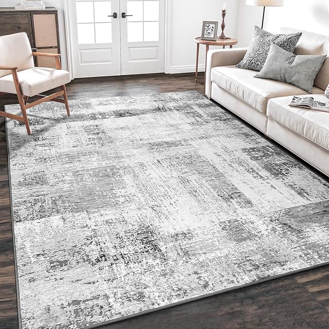Rugflix 5x7 Large Area Rugs for Living Room, Abstract Washable Rug, Non-Slip, Stain Resistant, Soft Low Pile Carpet, Indoor Grey Rug for Bedroom, Dining Room, Home Office