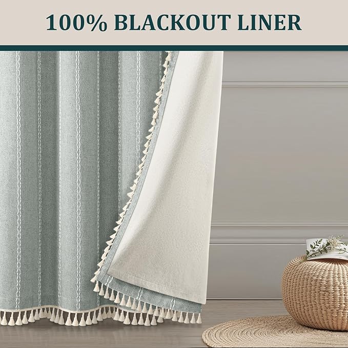 Teal Boho Blackout Curtains 2 Panels 84 Inch for Living Room Bedroom, Light Green Linen Texture Farmhouse Curtains with Tassels and White Cotton Embroidery Vintage Rustic Country Western
