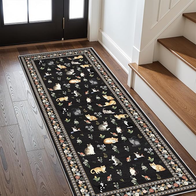 2x6 Washable Kitchen Runner Rug - Soft Low Pile Floral Animal Cat Print Rugs with Non-Slip Backing Waterproof Stain-Resistant Indoor Carpet for Hallway Entryway Bathroom Bedroom (Black)