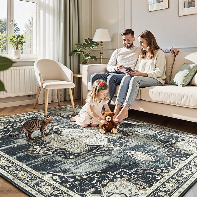 Lofus 8x10 Washable Area Rug, Vintage Floral Rugs for Living Room, Bedroom, Dinning Room, Low Pile Large Area Rugs with Non-Slip Backing, Flower Print Pattern, Black Brown