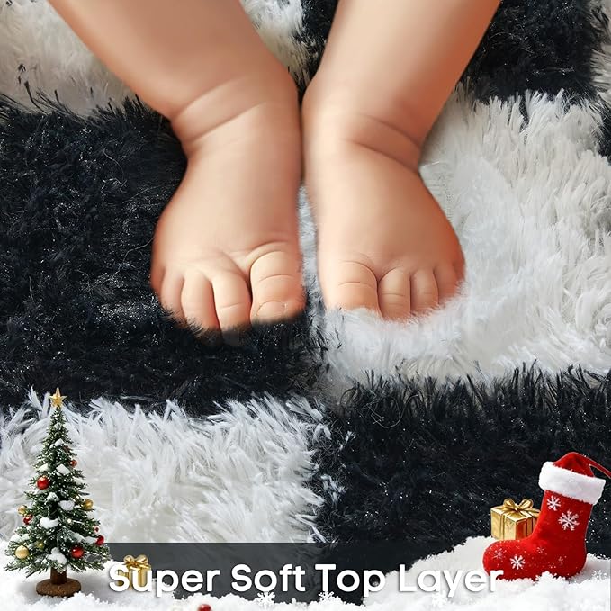 Ophanie Checkered Black & White Rug for Living Room Bedroom, Fluffy Soft Cute Fuzzy Area Rugs, Shag Plush Shaggy Bedside Floor 8x10 Furry Carpet for Kids Baby Teen Dorm Nursery Home Decor Aesthetic