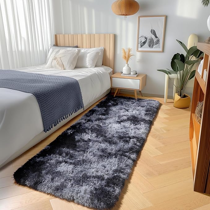 ONASAR Runner Rugs for Bedroom Living Room, Fluffy Tie-Dyed Dark Grey 2x6 Bedside Hallway Area Rug, Ultra Soft Plush Furry Faux Fur Non Slip Floor Carpet for Nursery Kids Dorm Closet Home Decor