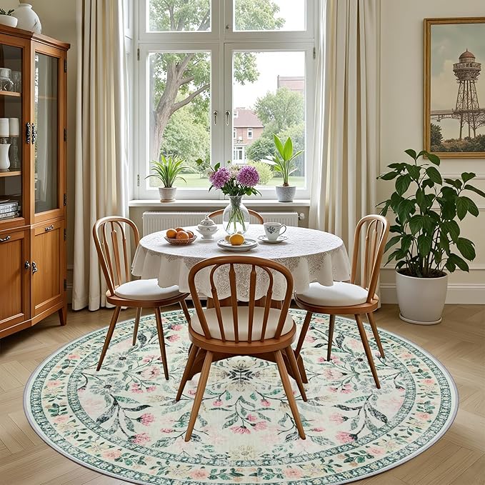 Round Area Rug for Living Room: 4 ft Floral Washable Circle Rug Soft Non-Slip Carpet Indoor Stain Resistant Low Pile Small Circular Rug for Bedroom Entryway Kitchen Nursery Home Office Green Beige