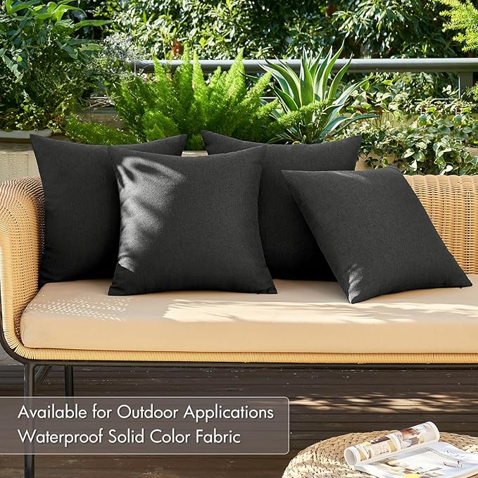 MIULEE Pack of 4 Decorative Outdoor Throw Pillow Covers Linen Waterproof Pillow Covers Farmhouse Cushion Cases for Patio Garden Tent Balcony Couch Sofa 16x16 inch Black