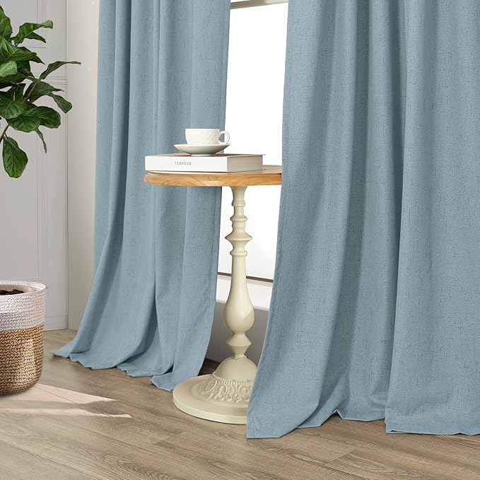 Dusty Blue Blackout Curtains for Living Room 84 Inch Length 2 Panel Farmhouse Linen Textured Thermal Darkening Blocking Light Blue Curtain Drapes for Bedroom Grayish Blue Grey 52x84 Long Back Tab