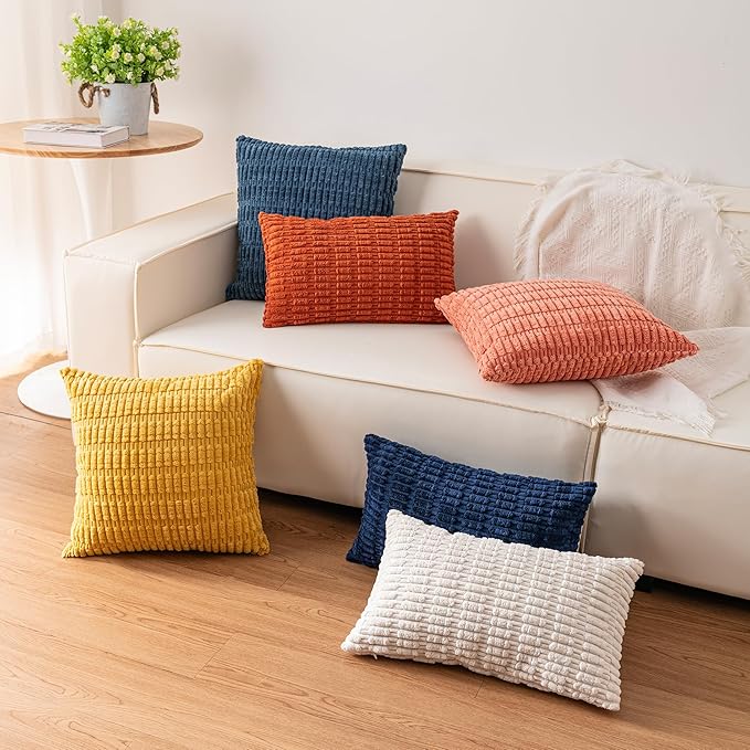 Pack of 2 Corduroy Decorative Throw Pillow Covers 16x16 Inch Soft Striped Pillow Covers Modern Farmhouse Home Decor for Sofa Living Room Couch Bed（Cream White）