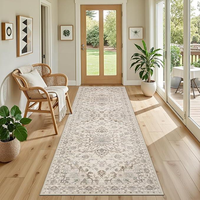 Hallway Runner Rug Non Slip - Washable 2.6x8 Kitchen Rugs for Living Room, Low-Pile Soft Bedroom Rug Indoor Floor Stain Resistant Carpets for Entryway, Laundry, Bathroom Beige
