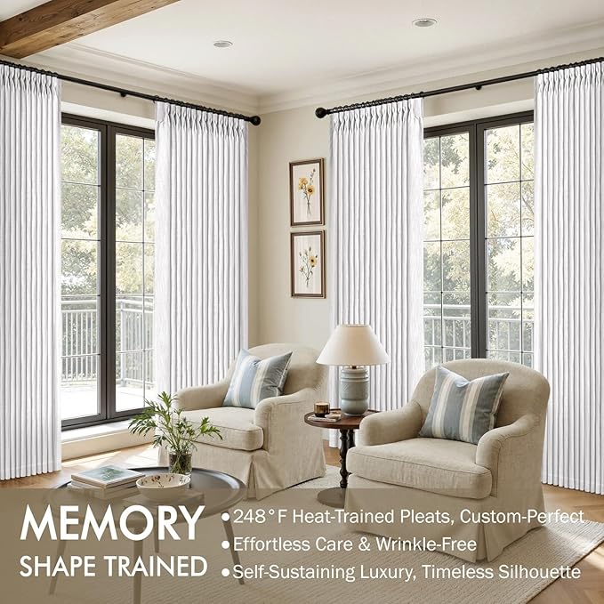 MIULEE Pinch Pleated Thick Linen Curtains 84 Inches Long 2 Panels, White Linen Texture Memory Trained Drapes for Living Room Bedroom, Pinch Pleat Light Filtering Farmhouse Window Curtains with Hooks
