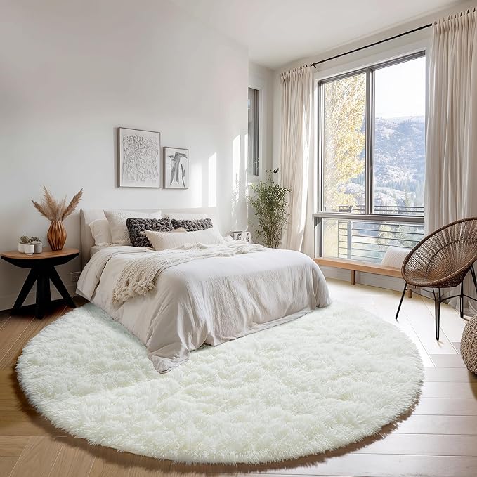 ONASAR Cream White Round Rugs 7ft for Living Room, Ivory Fluffy Bedroom Circle Area Rug, Soft Plush Shaggy Carpet for Kids Girls Boys Teen Nursery Dorm Classroom Playroom Home Decor Aesthetic