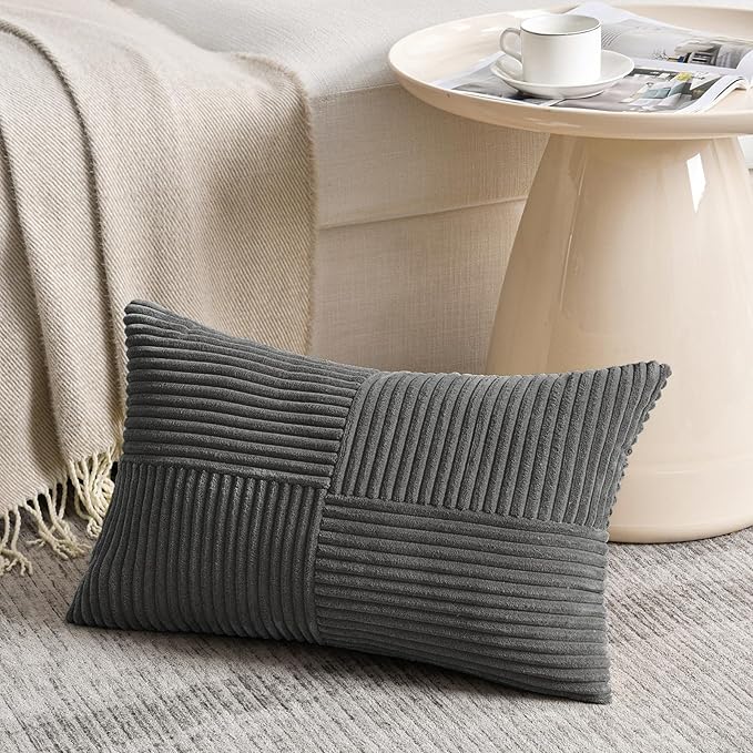 Fancy Homi 2 Packs Dark Gray Lumbar Decorative Throw Pillow Covers 14x22 Inch for Living Room Couch Bed Sofa, Farmhouse Home Decor, Soft Striped Corduroy Rectangle Accent Cushion Case 35x55 cm