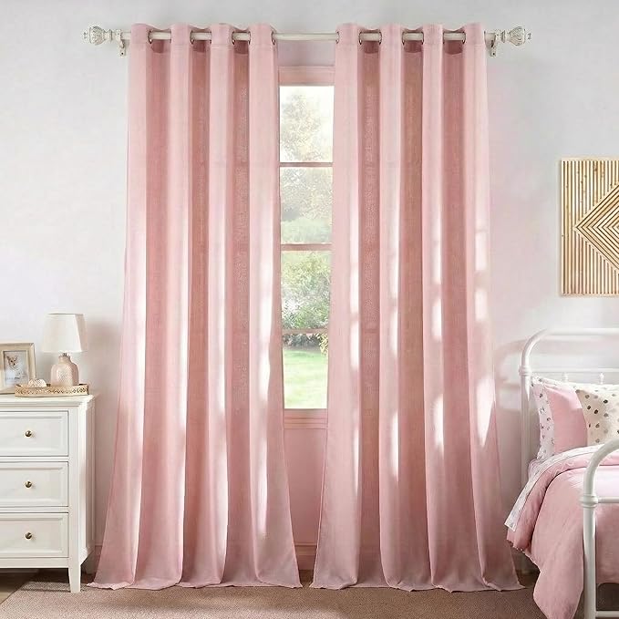 NICETOWN Linen Light Pink Sheer Curtains for Girls Room, Thick Flax Small Window Treatments Semi Sheer Privacy Assured with Light Through for Bedroom/Living Room, W55 x L84, 2 Panels