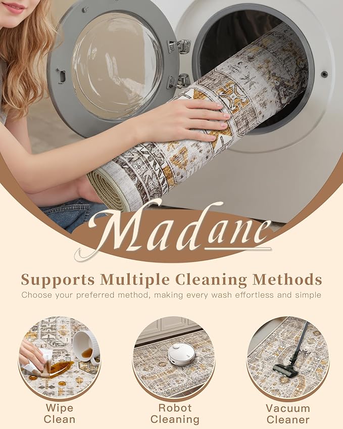 Madane Area Rug 4x6 Washable Rugs: Vintage Living Room Rug Soft Low Pile Non Slip Area Rugs Distressed Indoor Floor Carpet for Bedroom Kitchen Dining Room Home Decor, Brown/Gold
