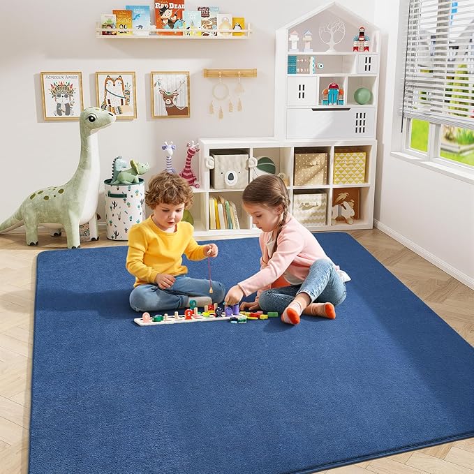 Amearea 4x4 Square Area Rugs for Bedroom Living Room, Modern Blue Thickened Memory Foam Rug, Fluffy Indoor Washable Rug Non Slip Minimalist Carpet for Entryway Kids Boys Girls Dorm Nursery Room Decor