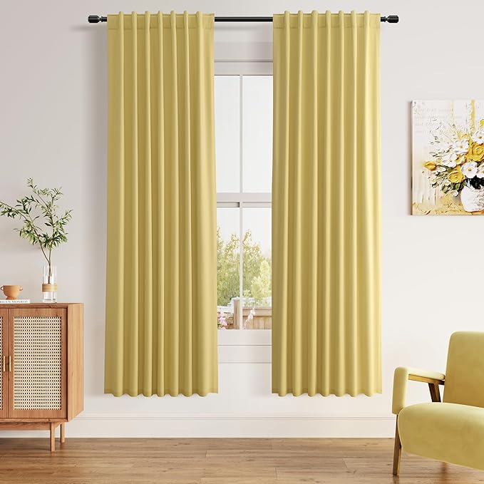 Guken Yellow 100% Blackout Linen Curtains 72 Inch Length 2 Panels Set for Living Room Bedroom Back Tab/Rod Pocket Thermal Insulated Black Out Drapes Room Darkening Window Curtains 72 Inches Long