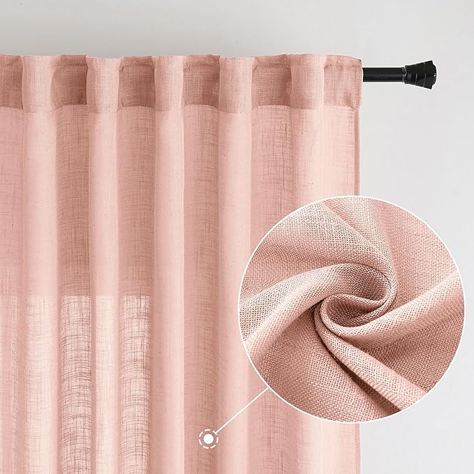MIULEE Blush Pink Linen Curtains 90 Inch Long 2 Panels for Girls Bedroom Nursery, Soft Thick Linen Textured Window Drapes Semi Sheer Light Filtering Back Tab for Kids Living Room Light Pink Decor
