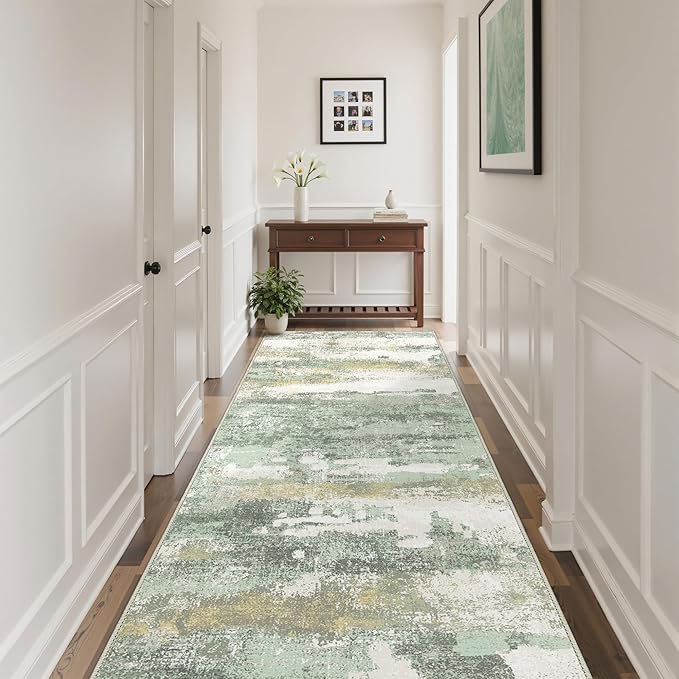 Runner Rug for Hallway Kitchen, 2'6"x6' Machine Washable Runners Rug for Entryway, Soft Modern Abstract Throw Rugs, Low Pile Floor Cover with Non Slip Backing, Light Green