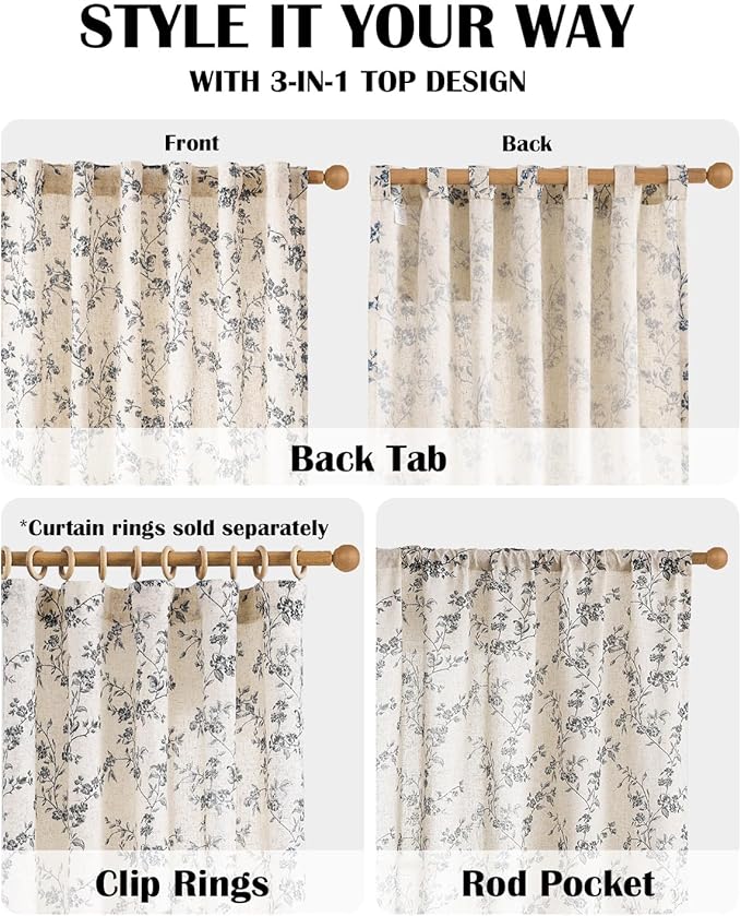 Lazzzy Farmhouse Linen Curtains Extra Long Black Floral Curtains 108 Inch Length Back Tab Drapes for Living Room Bedroom Light Filtering Country Vintage Rod Pocket, 2 Panels, Black on Beige