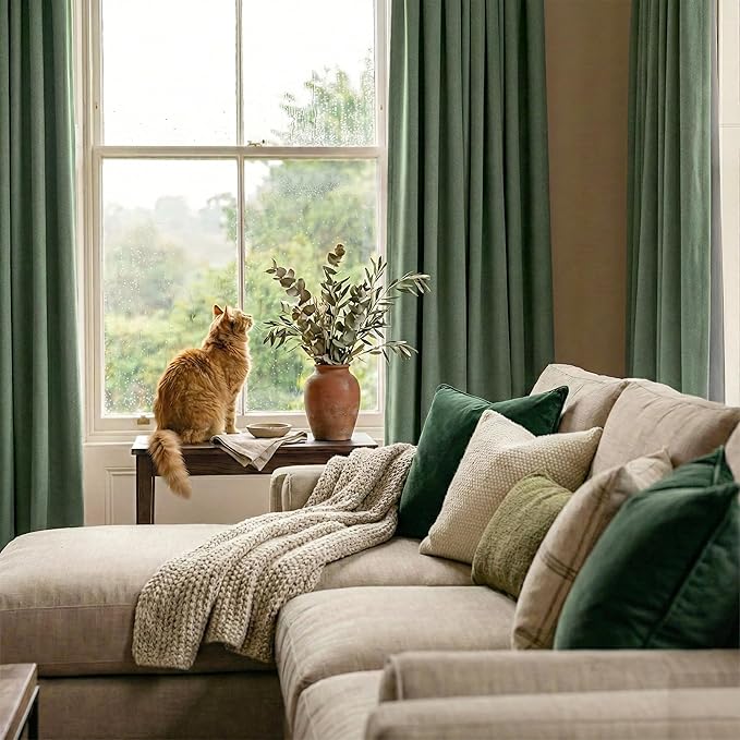 RYB HOME Forest Green 100% Blackout Linen Curtains 84 Length 52 Width, Privacy Assurd & Thermal Insulated Drapes for Bedroom/Sliding Door, Rod Pocket&Back Tab Modern Fashion Style, 2 Panels